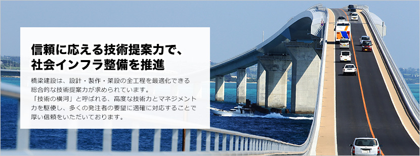 信頼に応える技術提案力で、社会インフラ整備を推進 橋梁建設は、設計・製作・架設の全工程を最適化できる総合的な技術提案力が求められています。「技術の横河」と呼ばれる、高度な技術力とマネジメント力を駆使し、多くの発注者の要望に適確に対応することで厚い信頼をいただいております。